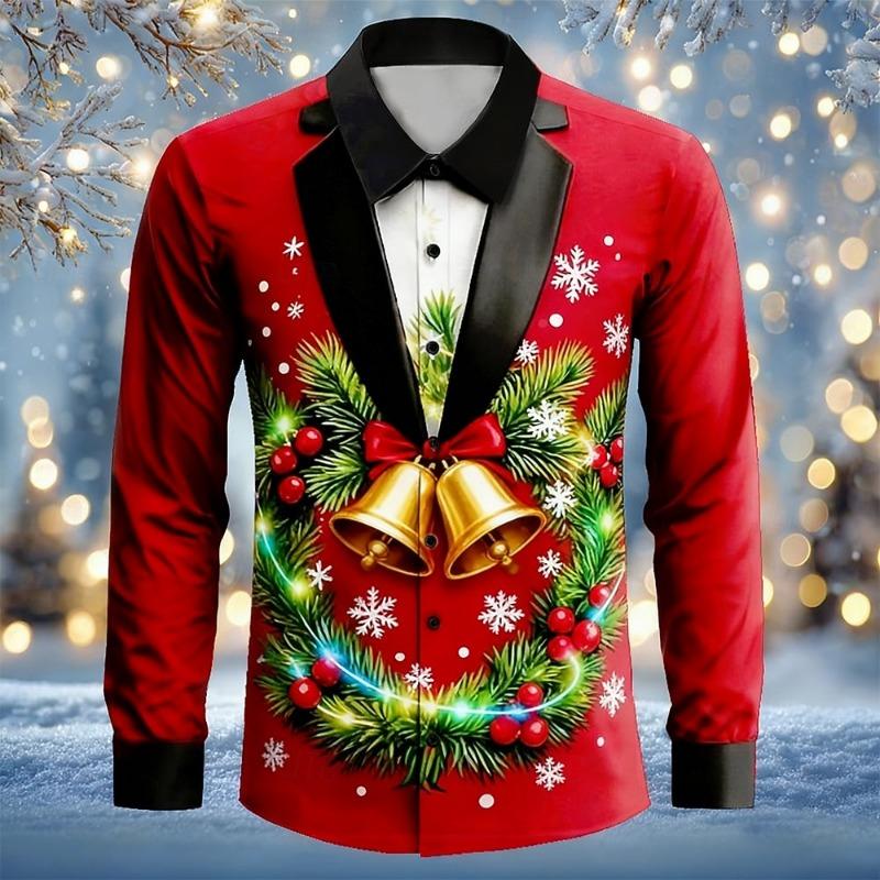 Christmas Men's 3D Fake Suit Christmas Reindeer Pattern Festive Atmosphere Lapel Long Sleeve Shirt Casual Slim Shirt