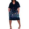 Summer Plus Size V Neck Short Sleeve Knee Pocket  Print Casual Dress For Women