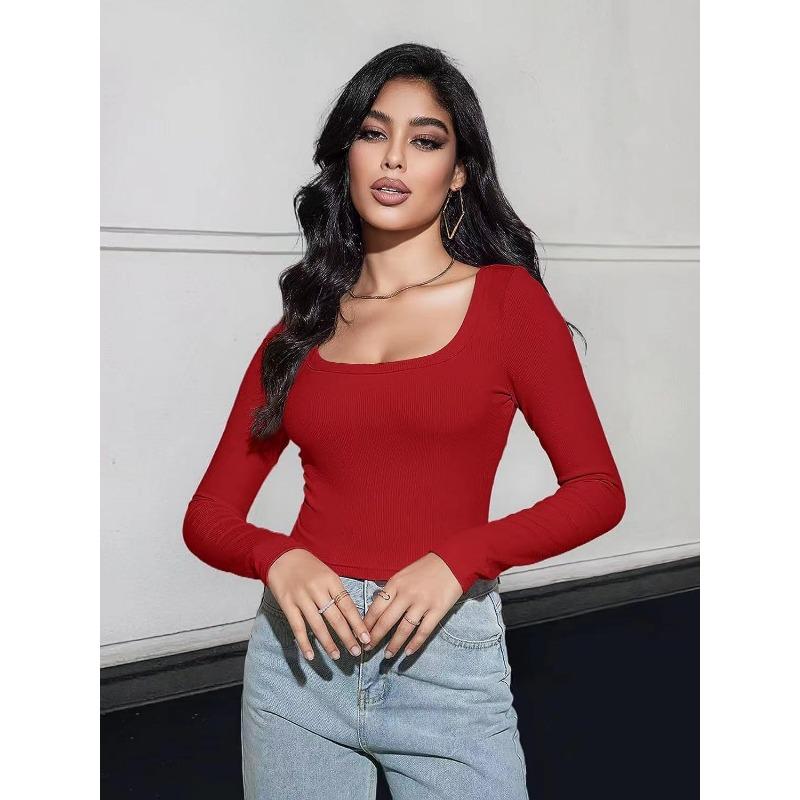 Women's Fashion Casual Spring Fall Solid Color Print Long Sleeve Square Collar Blouses & Shirts