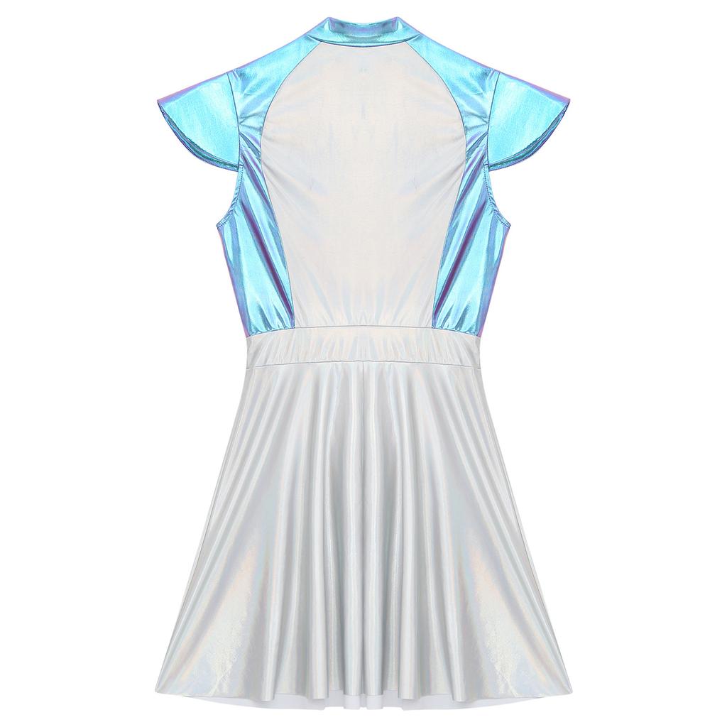 Outer Space Alien Costume for Women S-4XL - Shiny Glitter A-line Dress with Cap Sleeves Halloween Cosplay Outfit