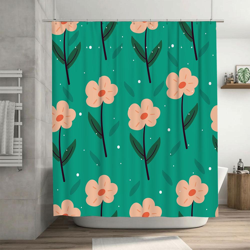 Green Bath Curtain with Flower Print for Bathroom Decor Waterproof Shower Cloth Fabric Home Accessories
