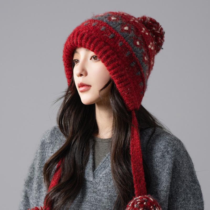 Bandage Red Hat Women's Autumn and Winter Retro Knitted Wool Hat Outdoor Thermal Bald Hat