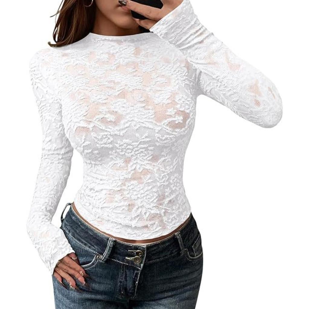 Autumn Sheer Mesh Floral Lace Blouse for Women, V-Neck Sexy Party Clubwear