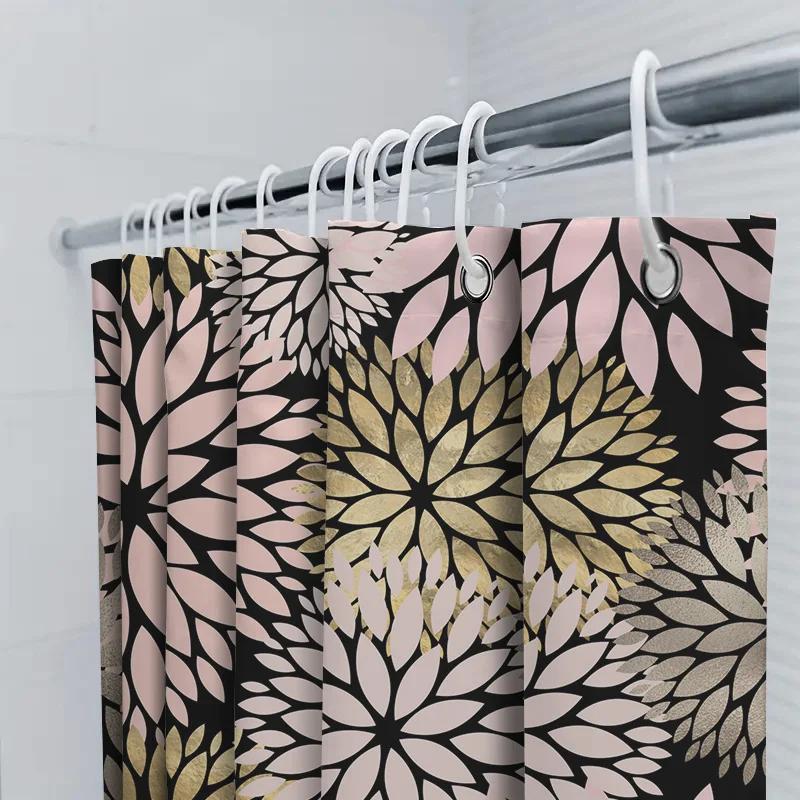 Rideau de douche floral doré Décor de salle de bain Motif de fleurs rose noir blanc Ensemble de tapis de bain imperméable Décoration de maison