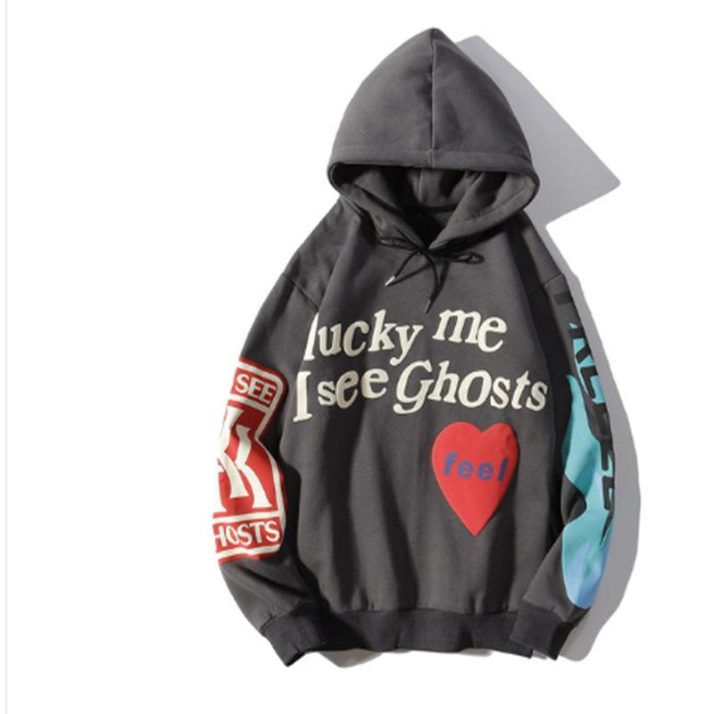 Lucky Me I See Ghosts Letter Print Sweatshirt Couple Kanye West Graffiti Winter Pullovers Hooded Hoodie Hip Hop Long Sleeve Coat