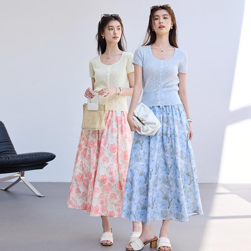 Summer Monet Water Lily Print A-line Half Skirt