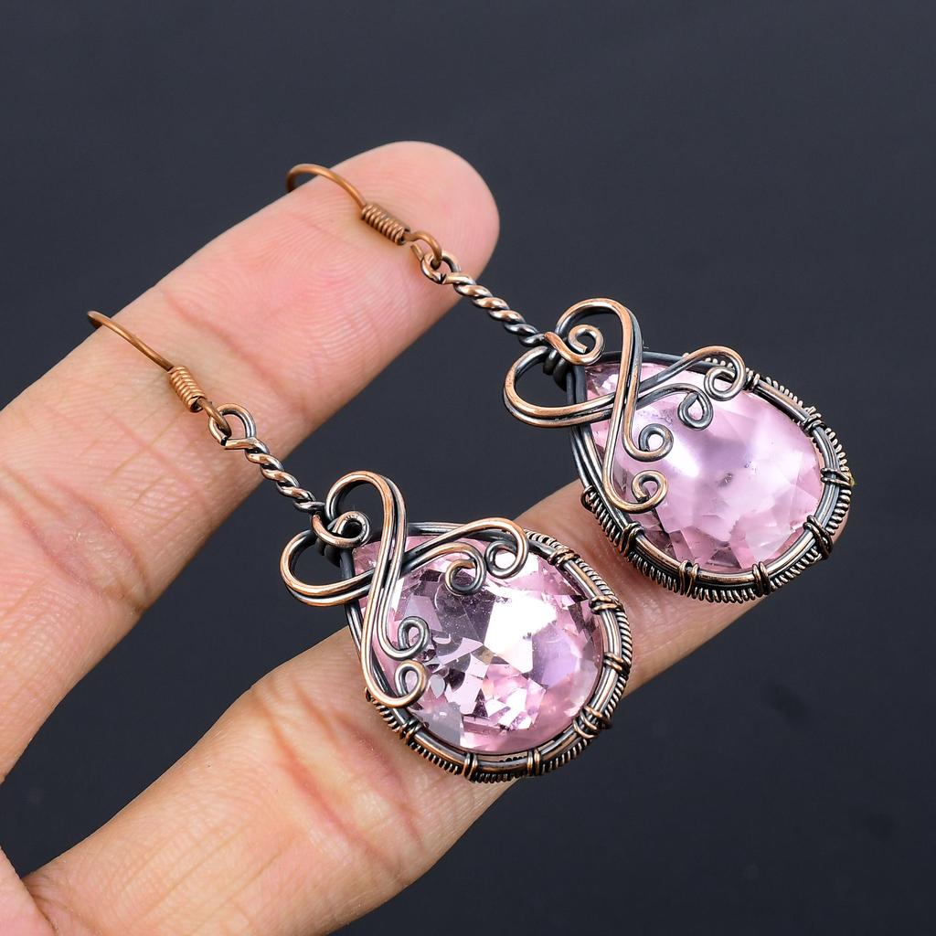 Pink Kunzite Earrings Gemstone Jewelry, 999 Copper Wire Wrapped Earrings, Handmade Jewelry Birthstone Earrings, Gift For Him