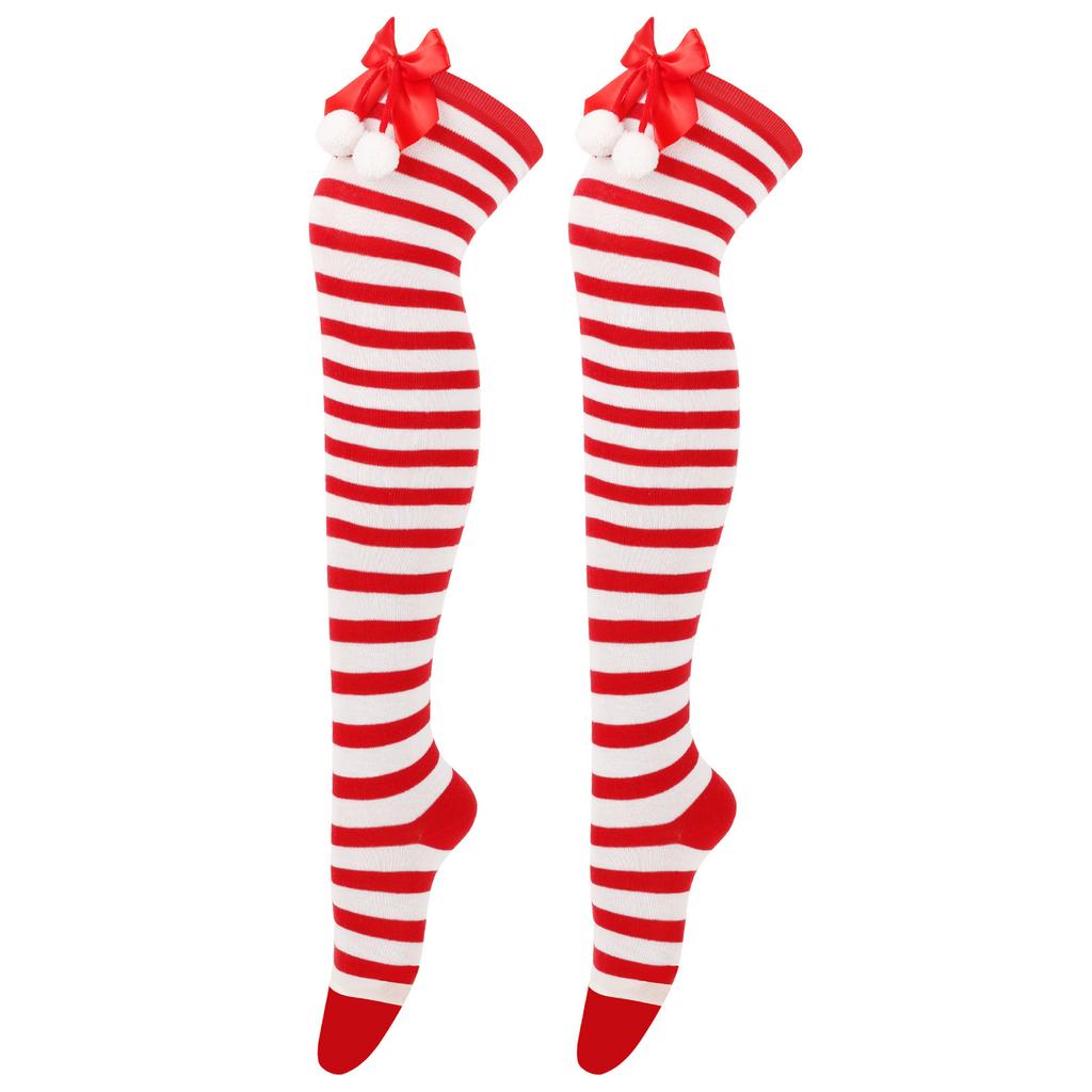 Christmas Red and Green Striped Knee Socks for Women In Ins College Style Bow Hairball Cotton Knee Protector Long Socks Trendy