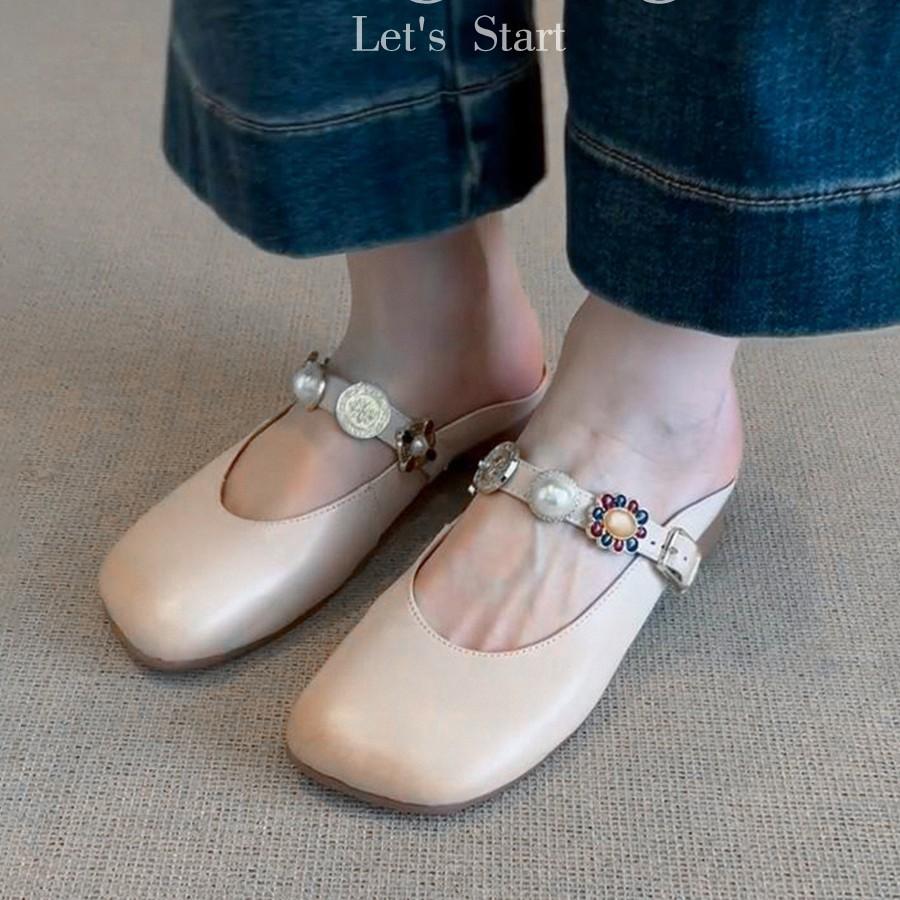 

Lan Cabinet Edition~ Baotou Half Slippers Women s Outer Wear Summer 2025 New Versatile Square Head One-word Button Thick Heel Cool Slippers 35