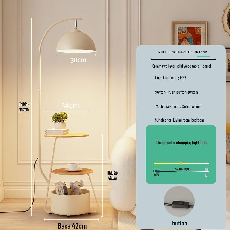 Mid-Century Cream Corner Sofa Floor Lamp and Bedside Table with Integrated Wireless Charging.