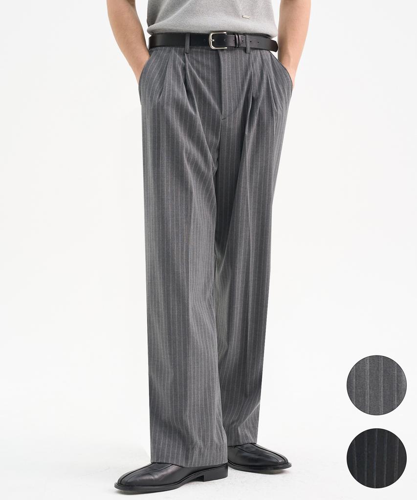 TRIP LE SENS Light Double-Pleat Wide Slacks_Stripe Black