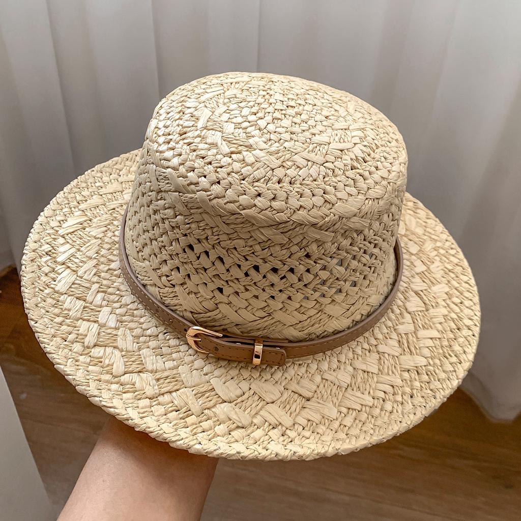 British style retro flat top straw hat women's summer hollow sunshade sunscreen hat seaside vacation style straw sun hat