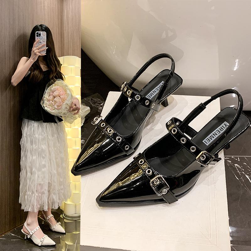 High heels women's summer 2025 new French bag head shallow mouth single shoes rear empty thin heel pointed versatile sandals women