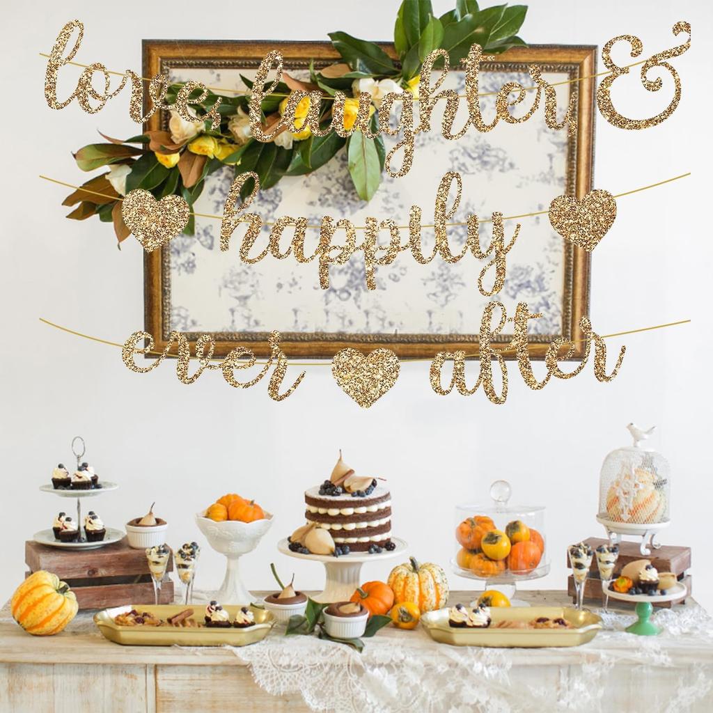 Vorgespanntes Love Laughter & Happily Ever After Banner für Hochzeitsfeier Dekorationen, Gold Glitzer Banner Schild mit 13FT Herz Streamer Girlande für