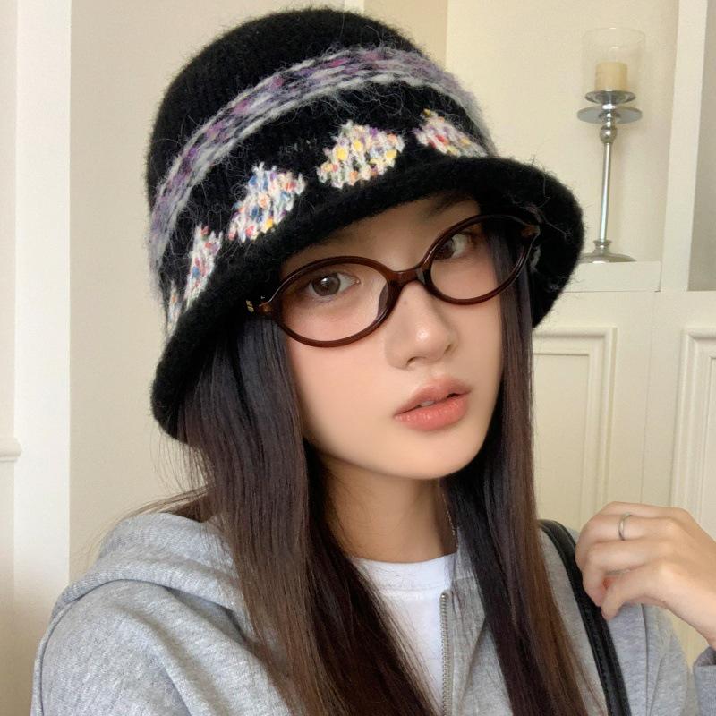 Chapeau Bob Jacquard Pétale Fair Isle 2025 en Laine - Tricot Mince Décontracté pour Femme pour Automne & Hiver