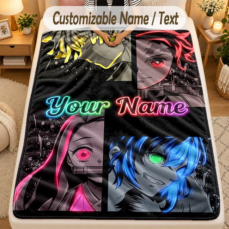 Flannel BlanketDemon Slayer Custom Name Text Personalized Soft Warm Throw Blanket Home Decor Gift
