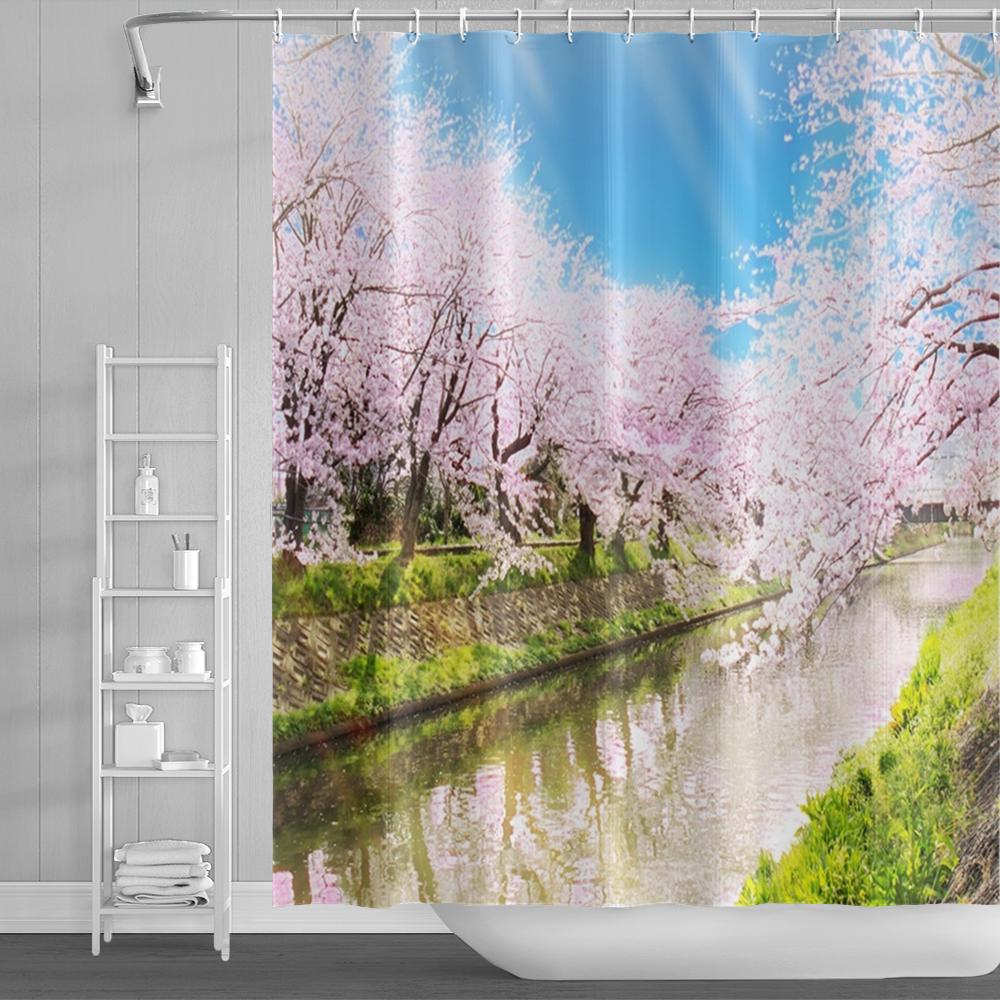 Natural Scenery Shower Curtains Seaside Mountain Landscape Bathroom Waterproof Polyester Bath Curtain Home Decoration With Hooks