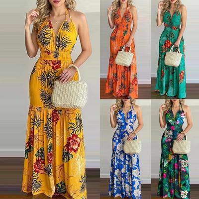 Women Tropical Print Halter Backless Maxi Dress Sexy Sleeveless Beach Long Dress