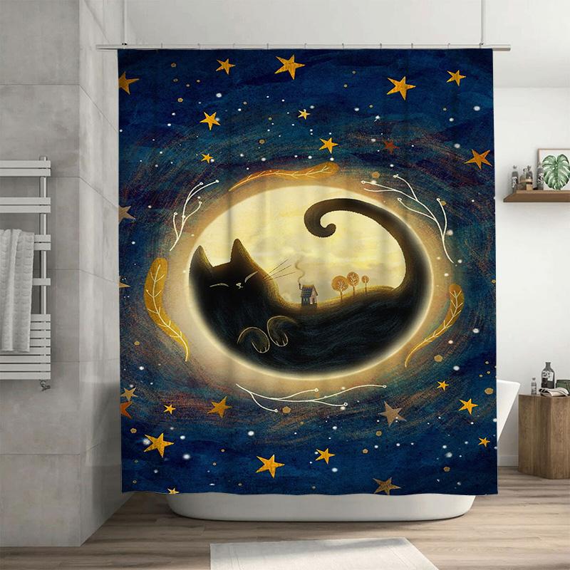 

Whimsical Cat Moon Bath Curtain Night Sky Stars Soft Blue Fabric Shower Set For Bathroom Decor W60H190(CM)-1 Pcs