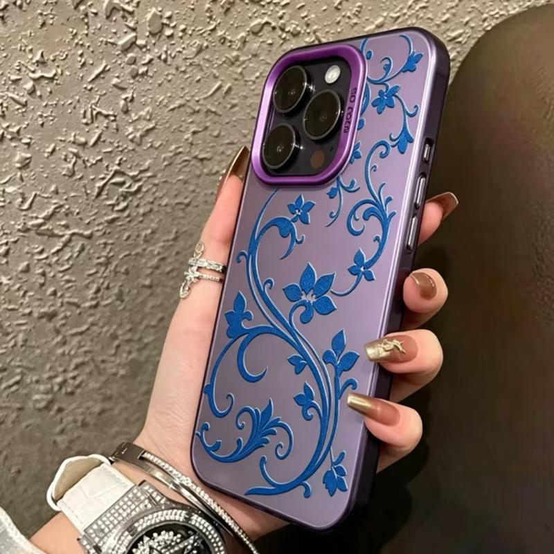 Purple Blue Floral Vine Phone Case For iPhone 17 Air 16 Pro Max 16E 15 14 Plus 13 12 11 XS XR Electroplate Silver Back Cover