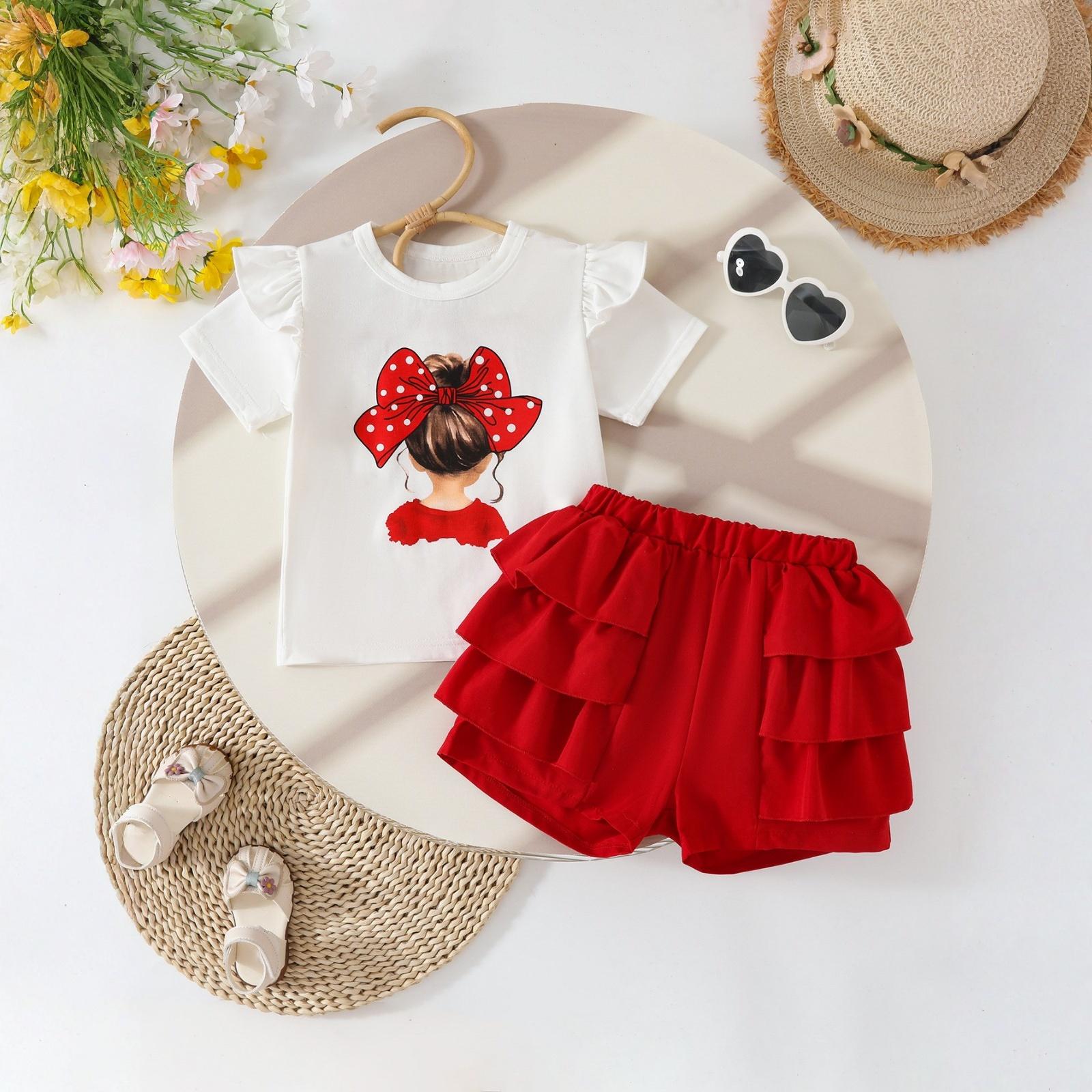 

Комплект из двух предметов для девочек: футболка с принтом на рукавах + юбка с оборками 120 красный