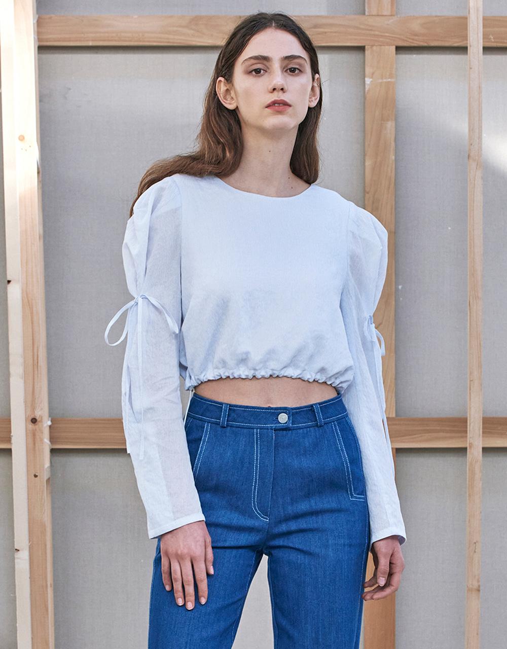 Wove Moment Puff Sleeve Ribbon Blouse - Sky Blue Stripe/38