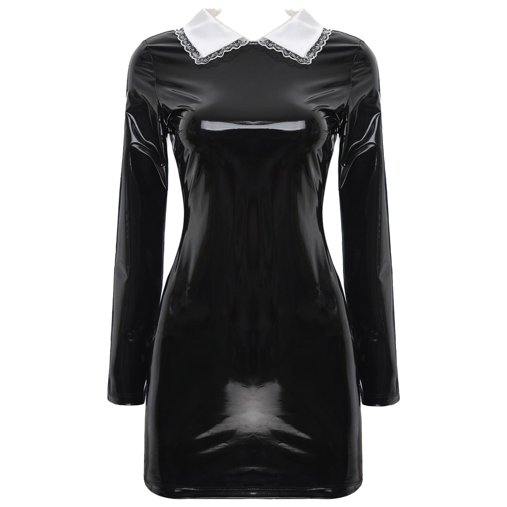 

Женский костюм горничной для косплея на Хэллоуин, облегающее мини-платье из лакированной кожи, вечерние Клубная одежда S чёрный