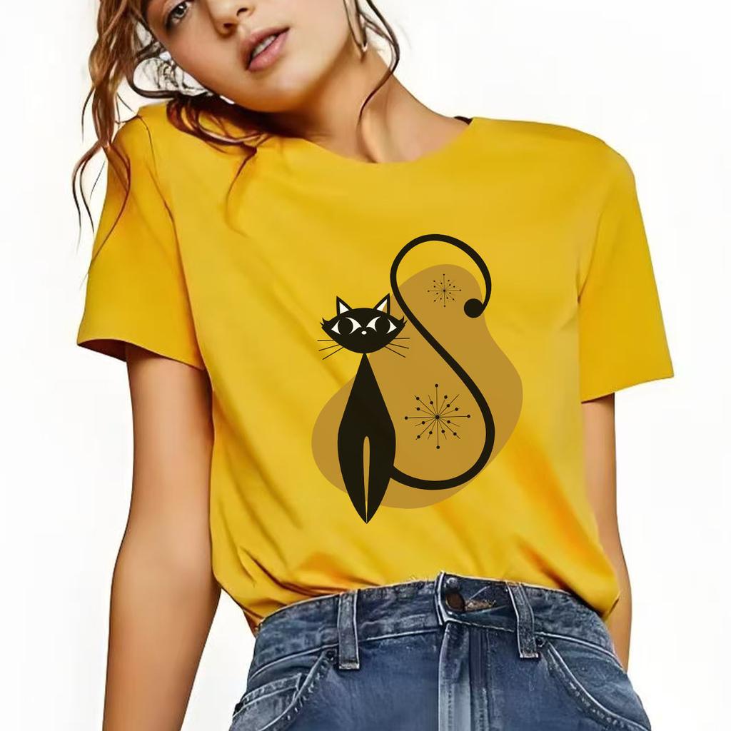 Fashionable Cat Print Pattern Tshirt Casual Short Sleeved Round Neck Top Versatile Womens Tshirt Suitable for All Seasons