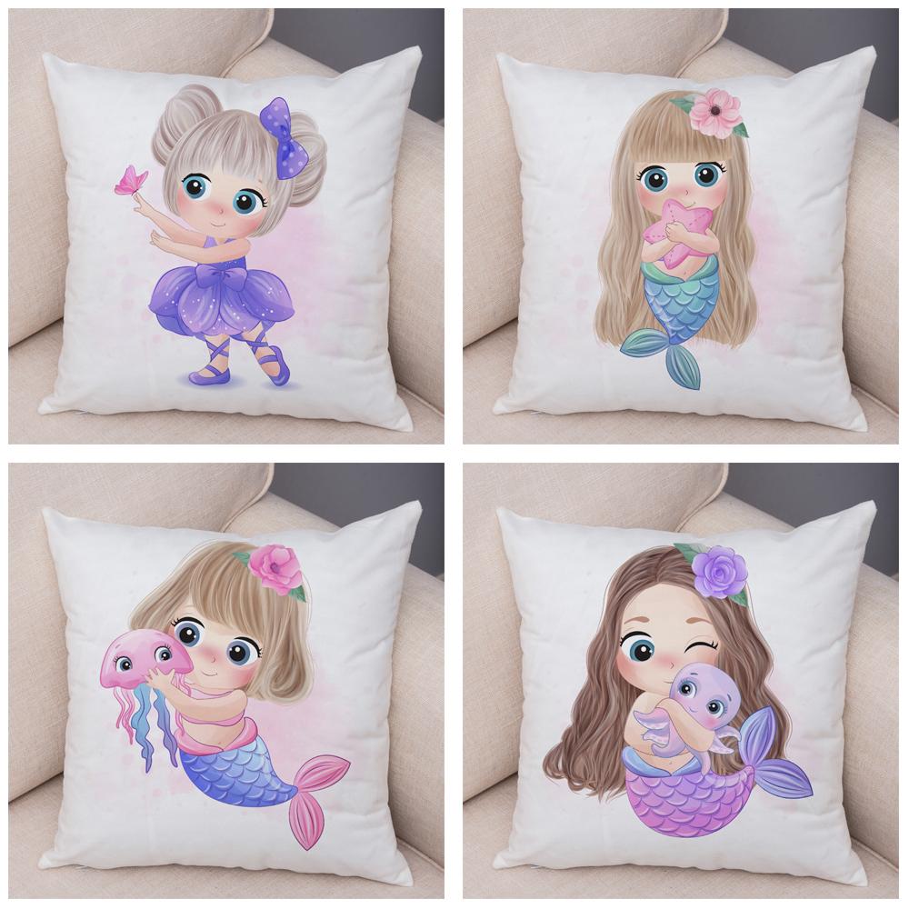 Lovely Girl and Cat Pillowcase Decor Cute Cartoon Child Cushion Cover Pillow Case for Children Room Sofa Home Car 45x45cm