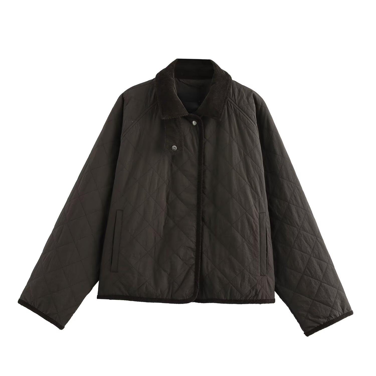 

Женская хлопковая куртка с высоким воротником, двухцветным ромбовидным узором в французском стиле, 2025 Medium темно-коричневого