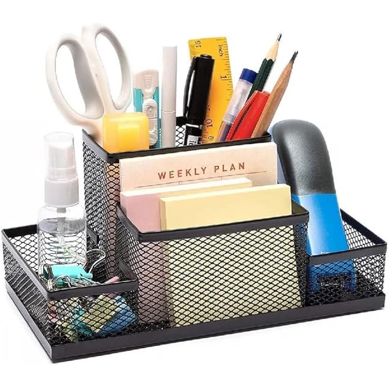 UCRAVO 1pcs Mesh Pen Pencil Holder with Post It Note Holders Desk Organizer, 4 Compartment Wire Desktop Pen Pencil Cup O