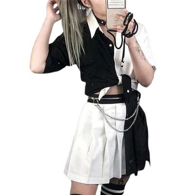 Women Patchwork Button Casual Crop Top Women's Black White Contrast Navel Top Summer T-Shirts