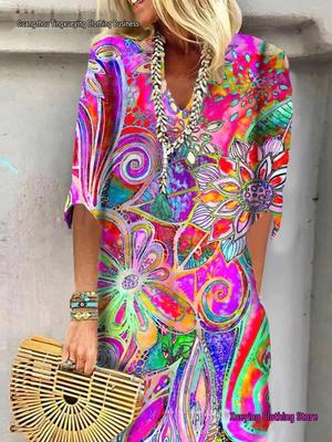 Novedad de Primavera: Vestido Holgado con Estampado y Cuello en V de Moda Europea y Americana para Mujer