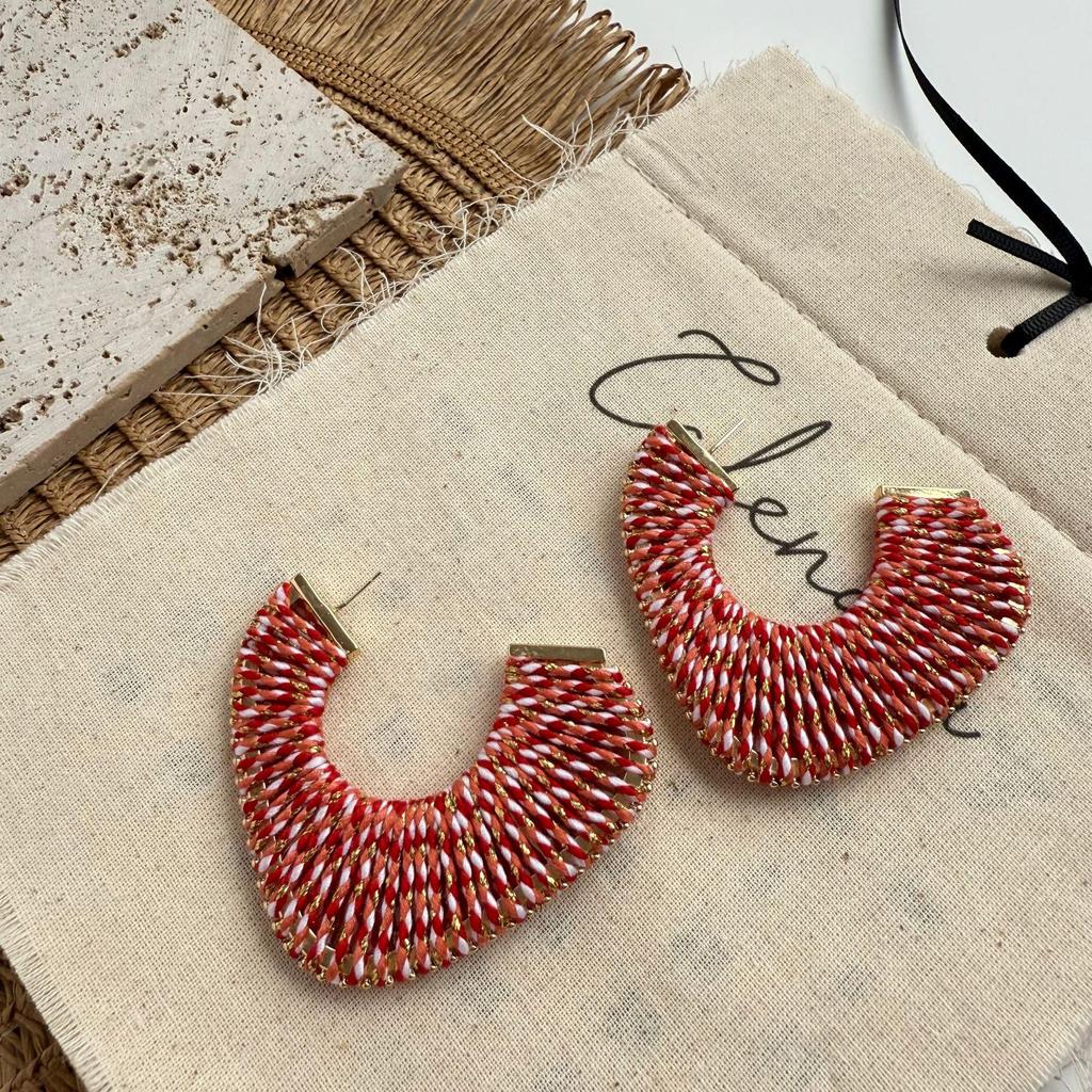 Elegant Hoop Earrings: Handmade European & American Fashion, Versatile Fall/Winter C-Shaped Studs with Cotton Thread Weaving