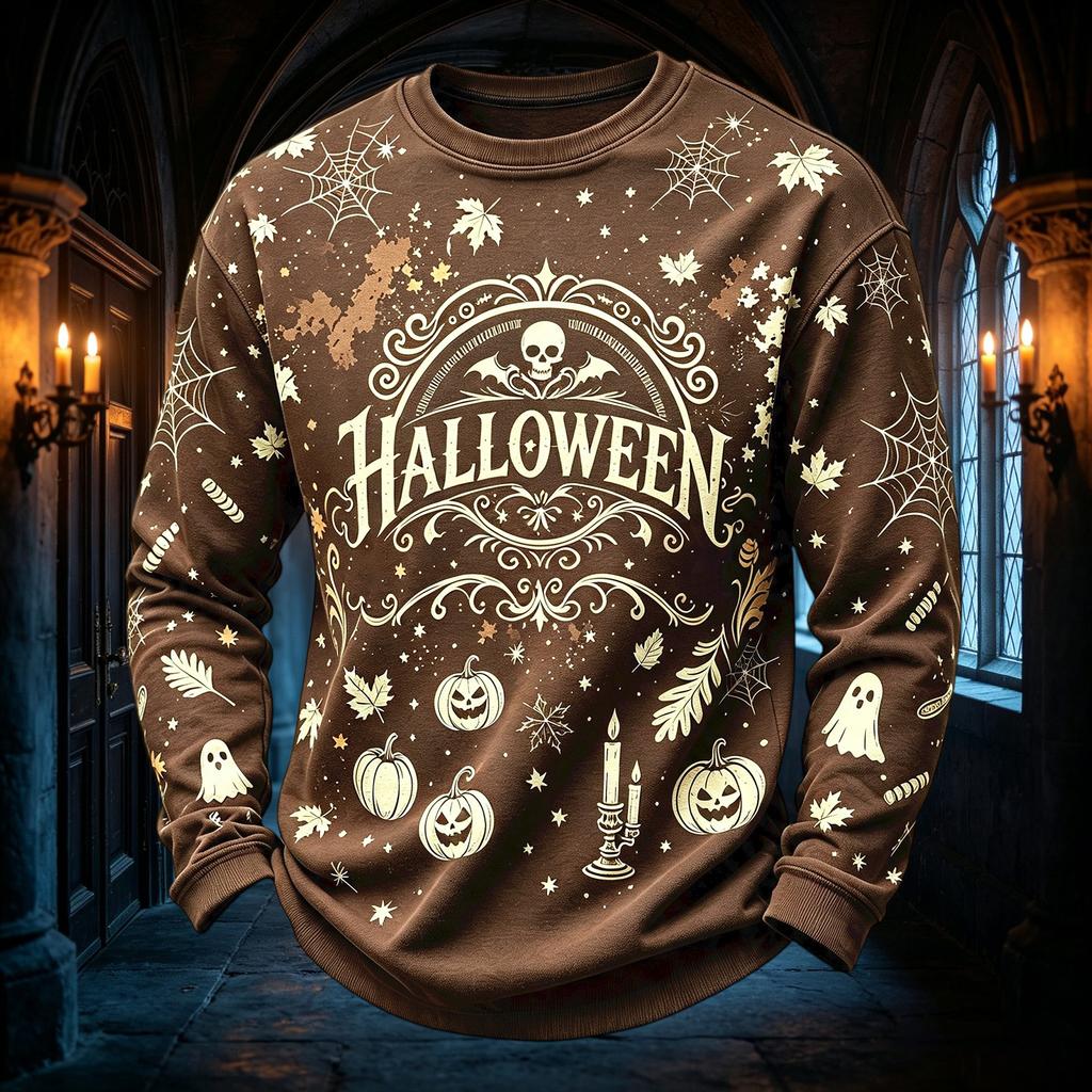 Men's Casual Round Neck Long Sleeve Top with Halloween Print