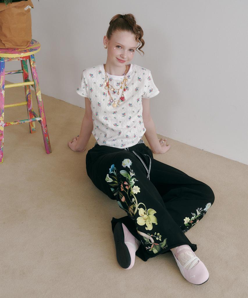 Tusyesongjeu Black Flower Print Wide Jogger Pants