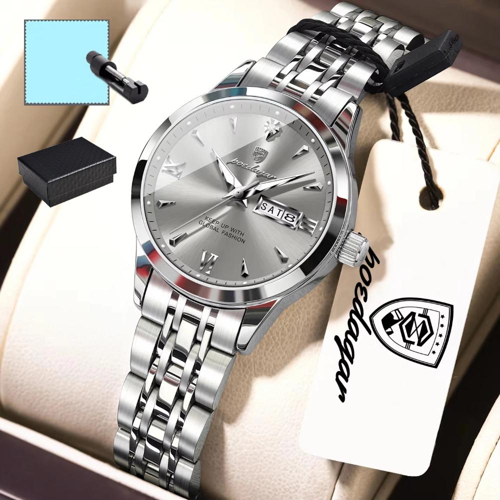 POEDAGAR Original Watch for Woman Waterproof Luminous Date Week Ladies Watch Stainless Steel Quartz Watches Female