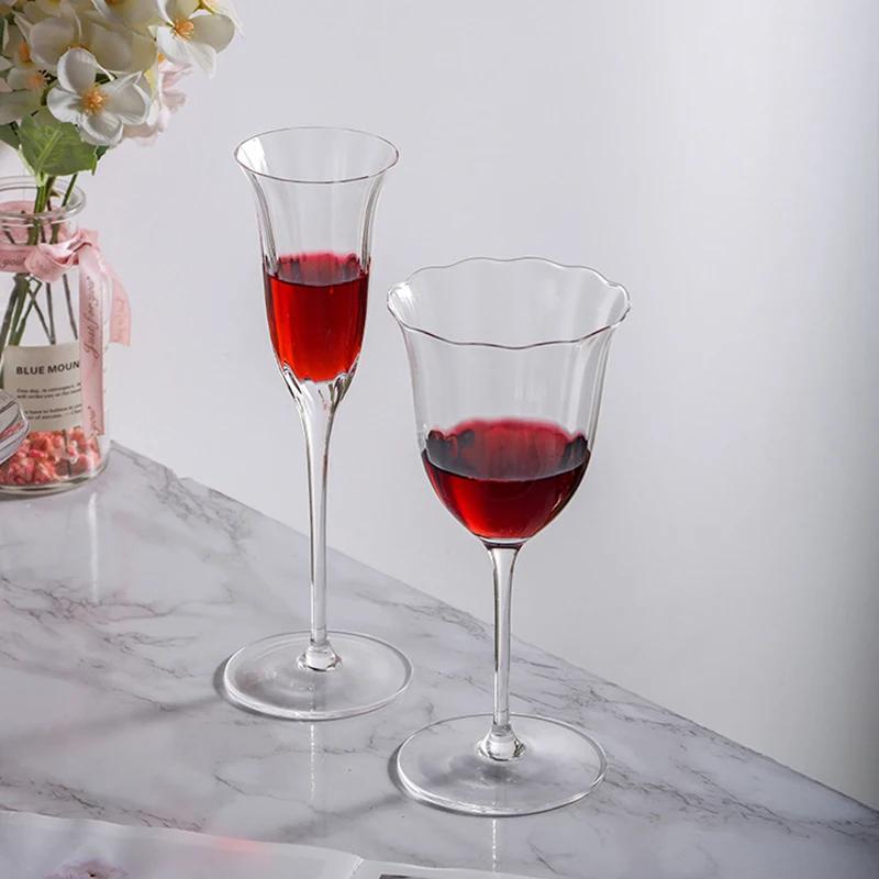 Home Light Luxury Retro Vertical Stripes Flower Wine Glass Goblet Crystal Glass Pink Green Champagne Cup Cocktail Martini Cups
