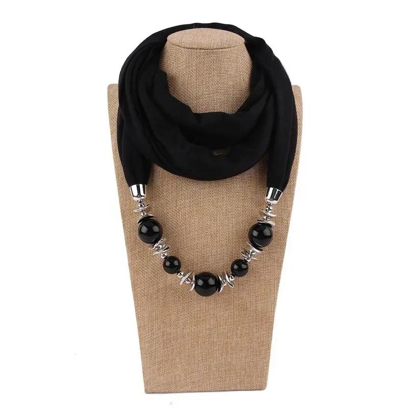 Fashion Vintage Scarf Necklace Ethnic Chiffon Solid Color Tassel Gorgeous Beaded Pendant Jewelry Necklace Scarf Accessories Gift