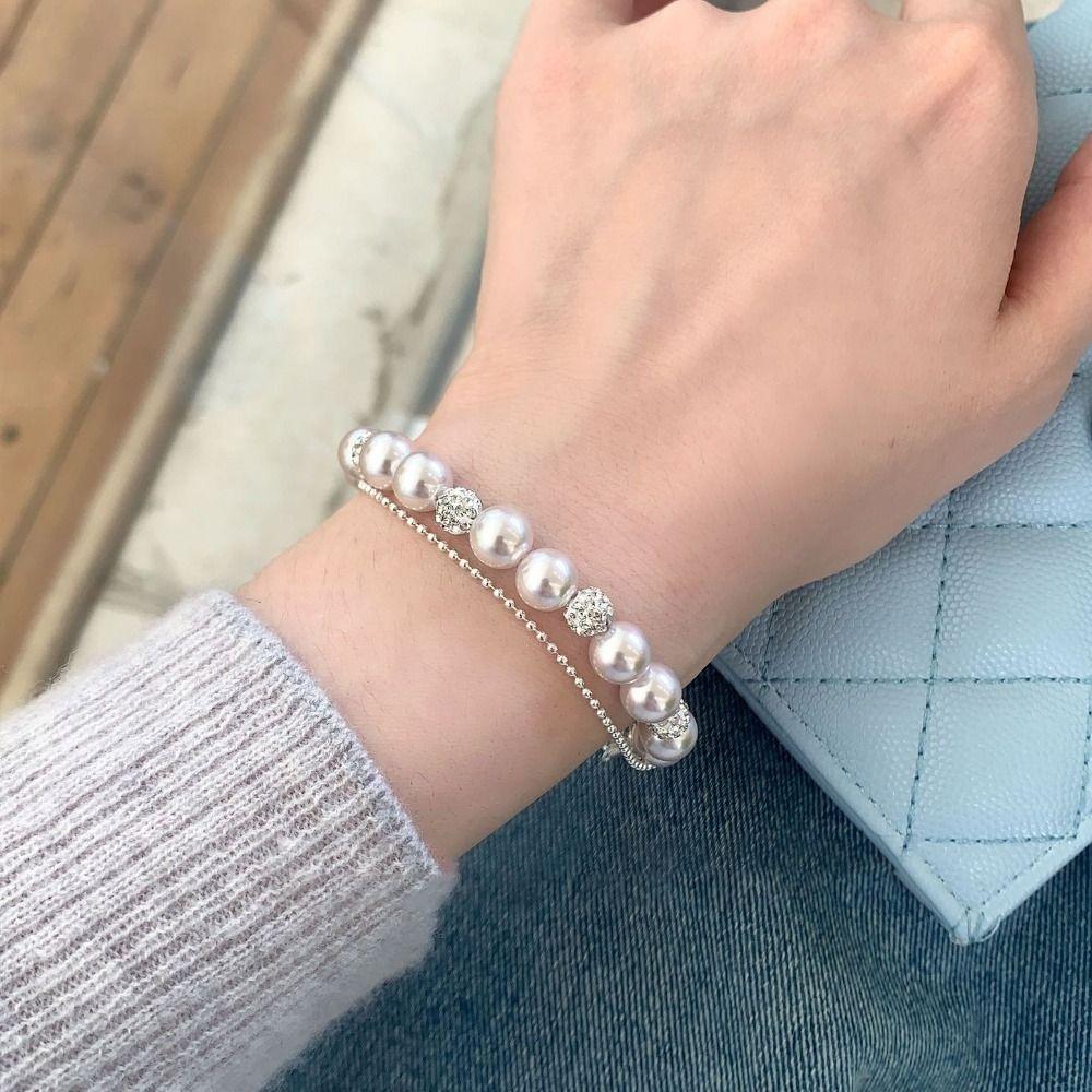 Charm Pearl Crystal Bracelet Shining Zircon Double Layer Bracelet Sweet Beaded Hand Bangle  Party