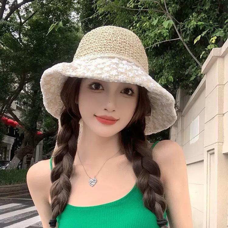 Summer Seaside Vacation Style Straw Visor Women's Large Brim Sun Protection Bucket Hat Ethnic Style Flower Lace-up Straw Hat