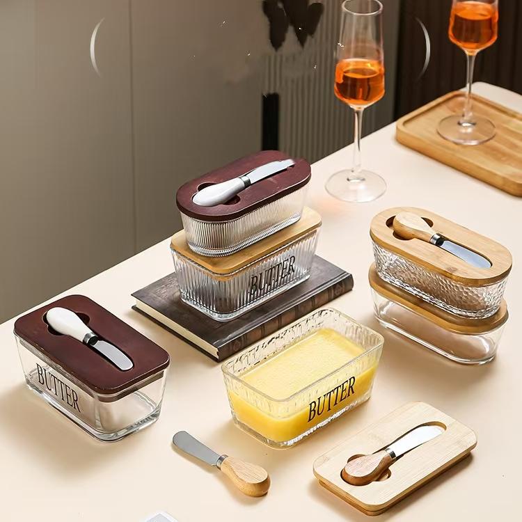 Western-style Glass-sealed Butter Box with Lid, Rectangular Scraper, Household Cheese Preservation Jar, Household Cheese Box