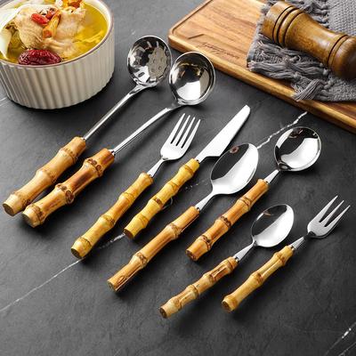 Conjunto de Talheres de Aço Inoxidável 304 com Cabos de Bambu Retrô - Inclui Faca de Bife, Garfo, Colher de Sobremesa e Concha de Sopa