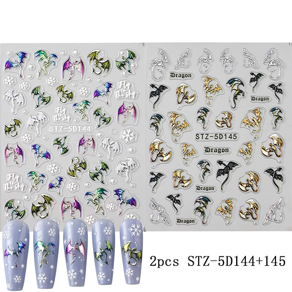 1/2pcs 5D Embossed Metallic Colorful Dragon Nail Stickers Snowflakes Self-Adhesive DIY Nail Decals Sliders Manicure Decorations