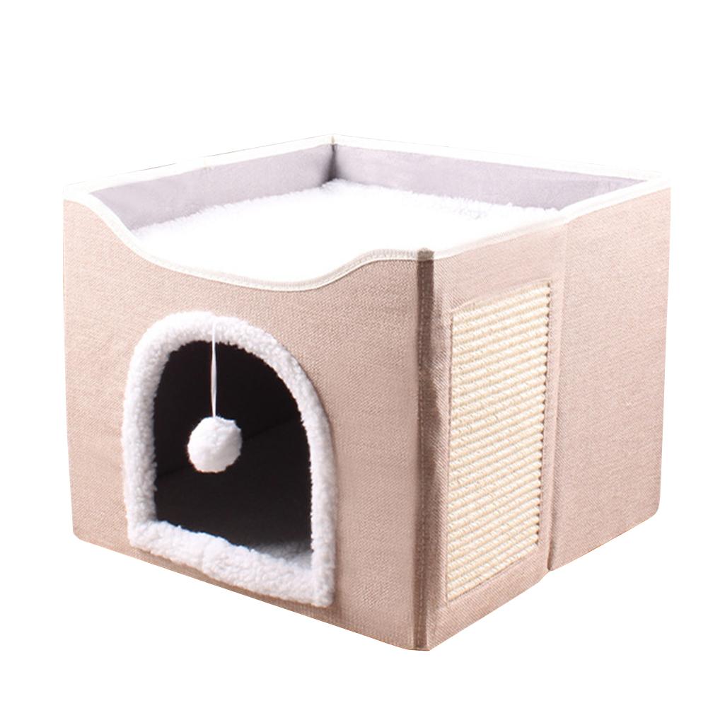 Cat Bed Cat Cube Cave with Fluffy Ball & Scratch Pad Pet Play House Large Kitten Sleeping Bed Comfortable for Indoor Cats