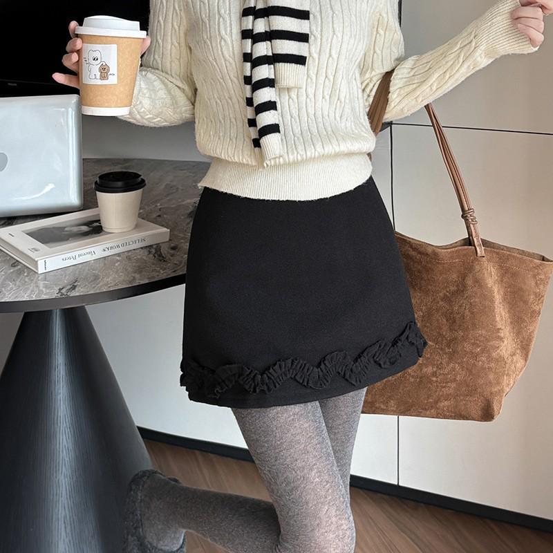 Women s High-Waisted Ruffled Wool A-Line Skort - 2025 Autumn/Winter Collection XL чёрный