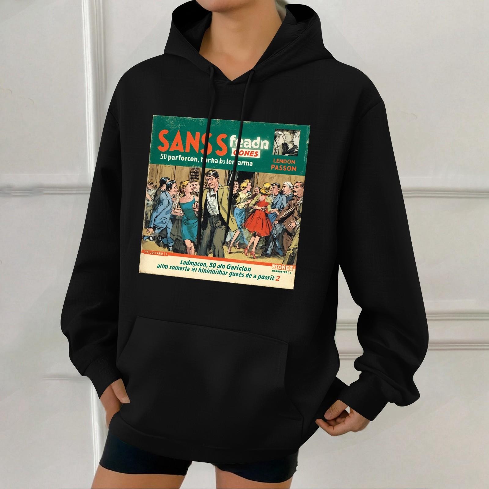 

Женская модная толстовка с капюшоном в стиле ретро с принтом и карманами L чёрный