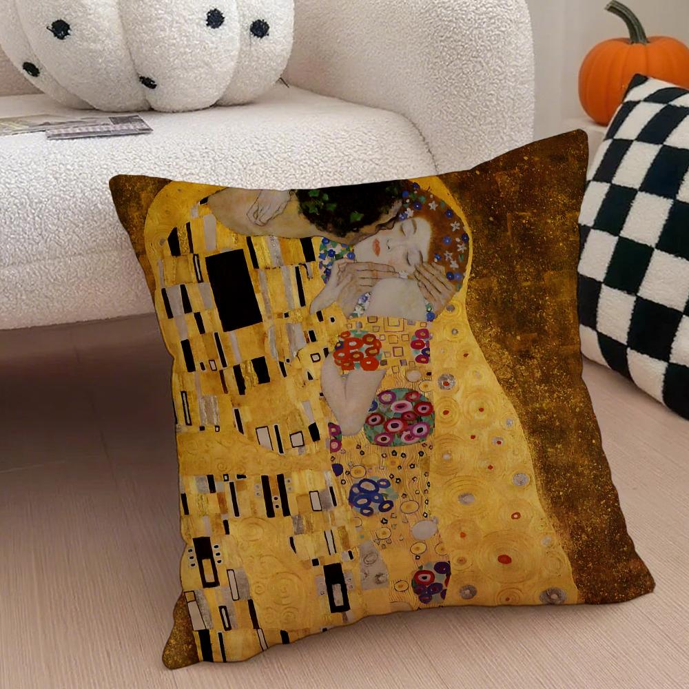 K-Klimt Kunst Meisterwerk Kissenbezug Überwurf Kissenbezug Versteckter Knopf Langlebiges Polyester Stuhlkissen