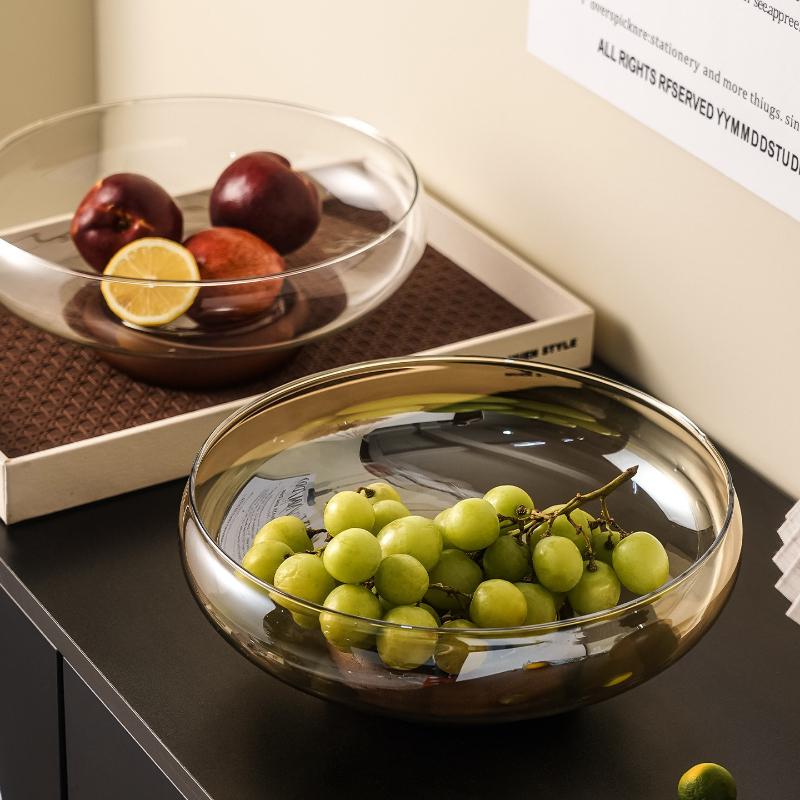 Aesthetic Glass Fruit Bowl with Acacia Wood Base, Modern Clear Snack Plate for Living Room Coffee Table, Mid-Century Decor Case