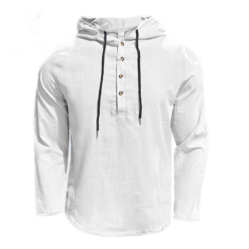 Spring and Autumn Long Sleeve Men's T-shirt Linen Thin Staple Button Hoodie Loose Casual Shirt Men